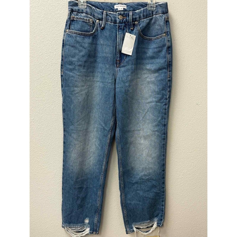 Good American Jeans Size 6/28 Distressed Hem High Rise Mom Jeans